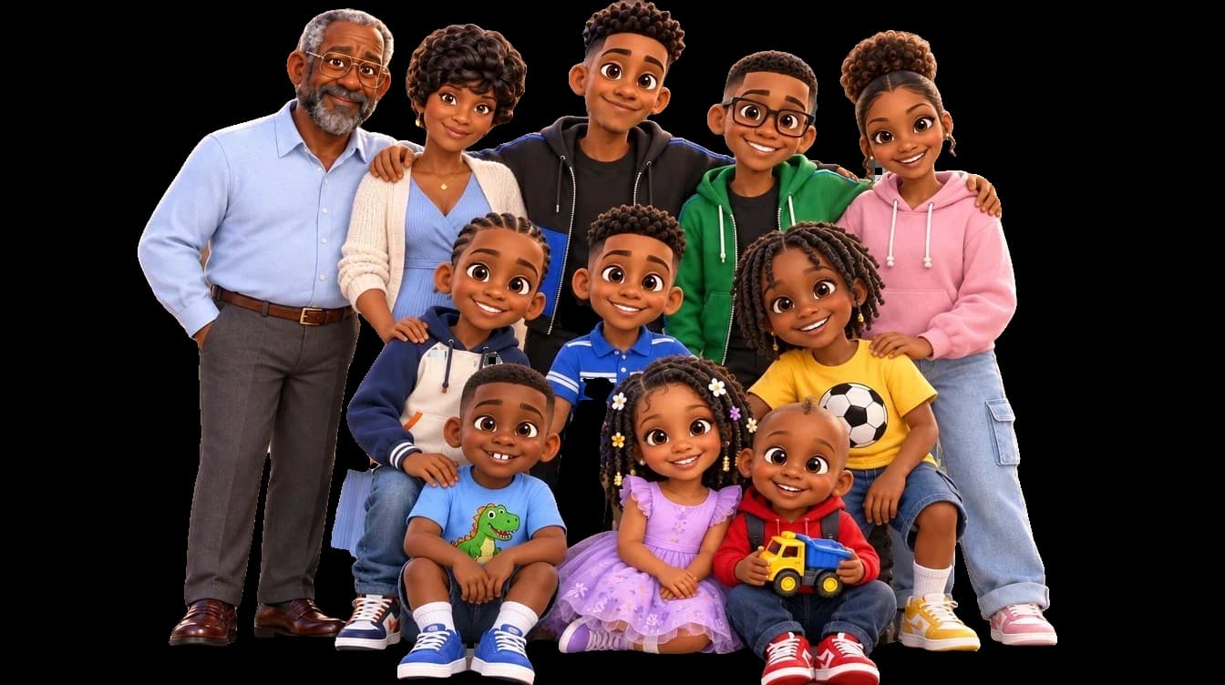 The family on the school steps: Jerry and Annie with their nine children, from eighteen-year-old Johnny down to four-year-old Joshua holding his toy dump truck.